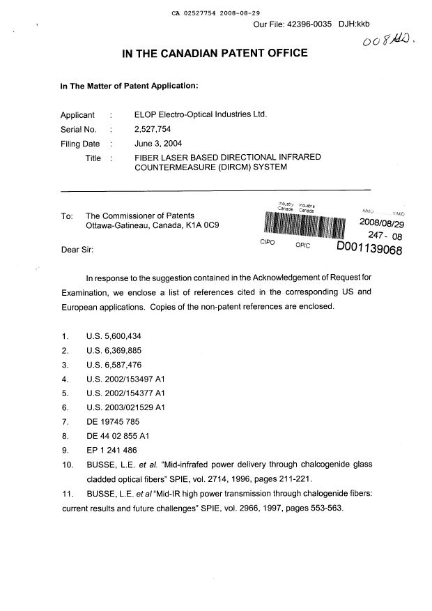 Canadian Patent Document 2527754. Prosecution-Amendment 20080829. Image 1 of 2