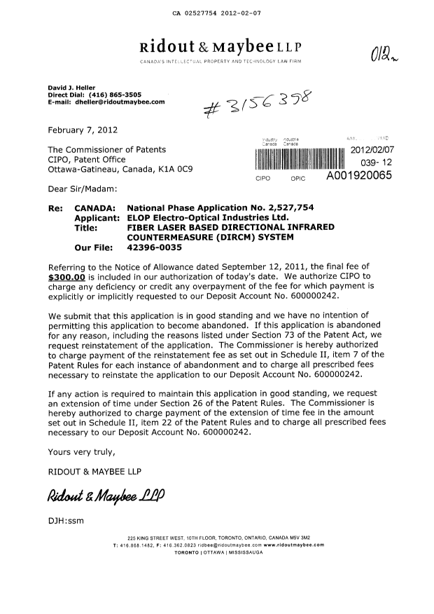 Canadian Patent Document 2527754. Correspondence 20111207. Image 1 of 1