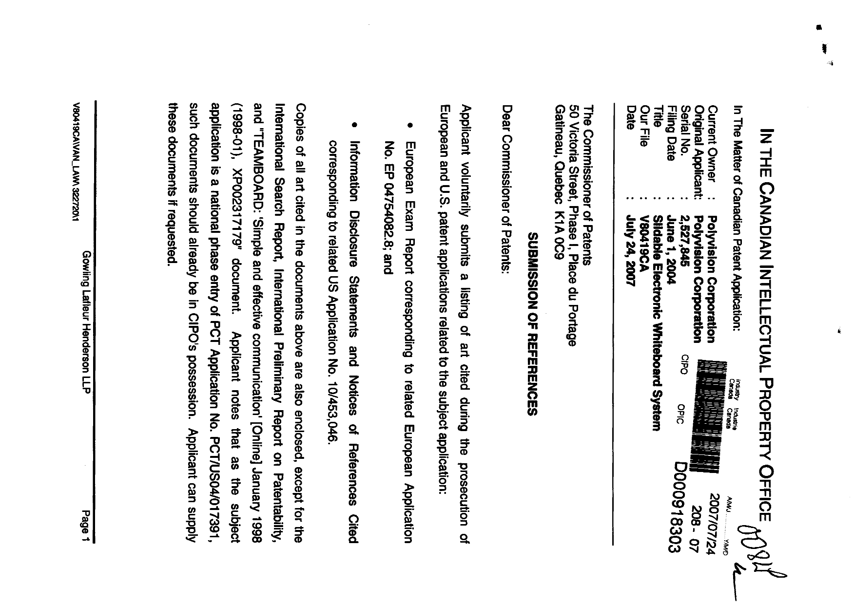 Document de brevet canadien 2527845. Poursuite-Amendment 20061224. Image 1 de 2