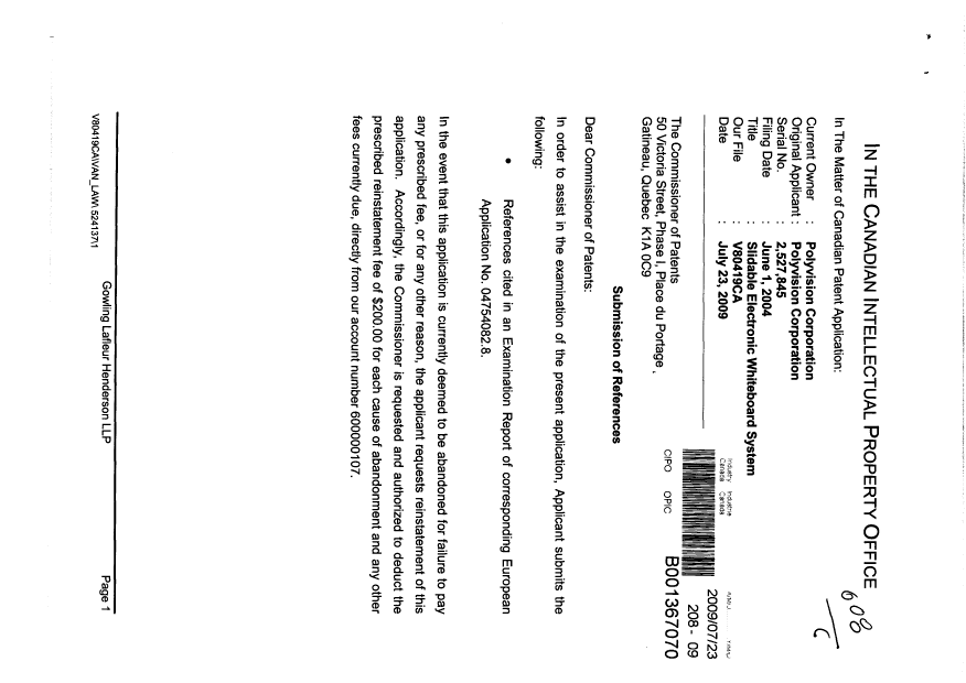Canadian Patent Document 2527845. Prosecution-Amendment 20081223. Image 1 of 2