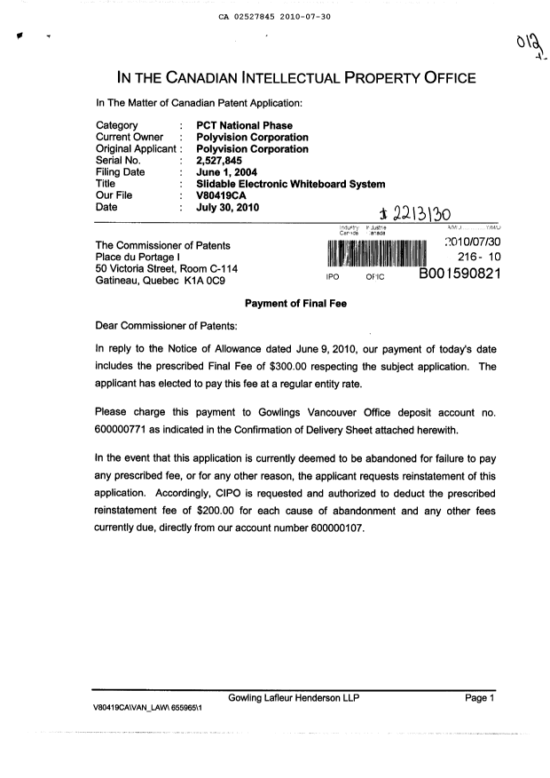 Document de brevet canadien 2527845. Correspondance 20091230. Image 1 de 2
