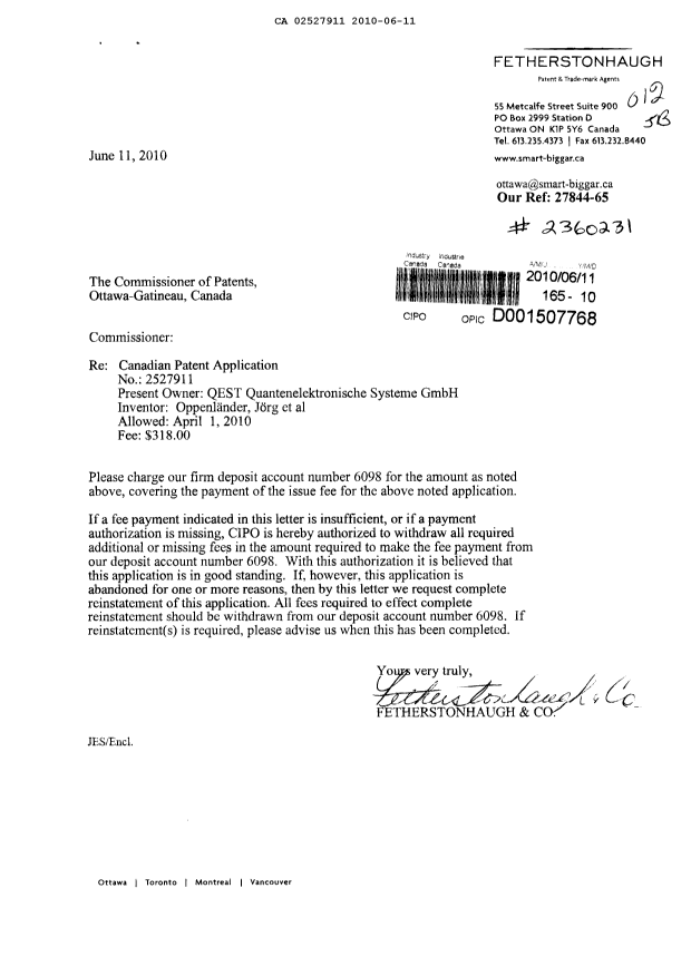 Canadian Patent Document 2527911. Correspondence 20100611. Image 1 of 1
