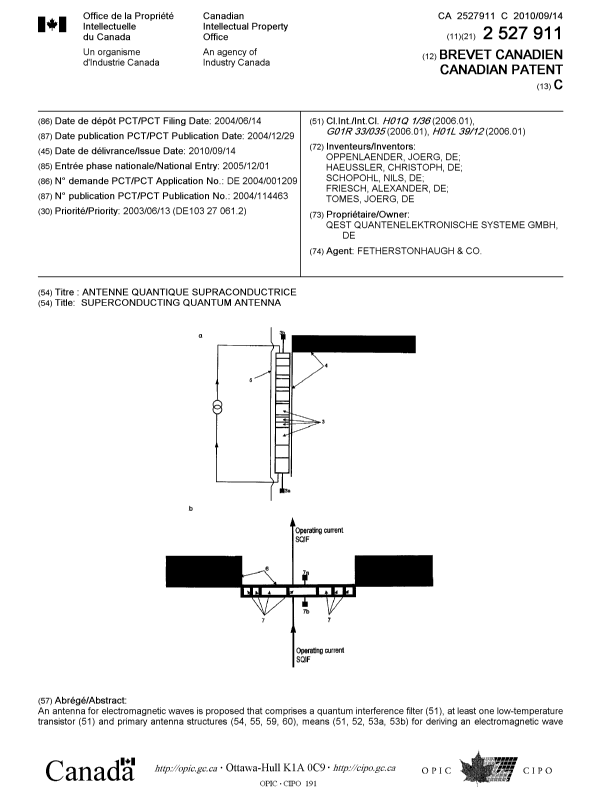 Canadian Patent Document 2527911. Cover Page 20100826. Image 1 of 2