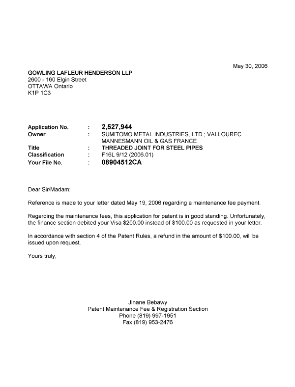 Document de brevet canadien 2527944. Correspondance 20060530. Image 1 de 1