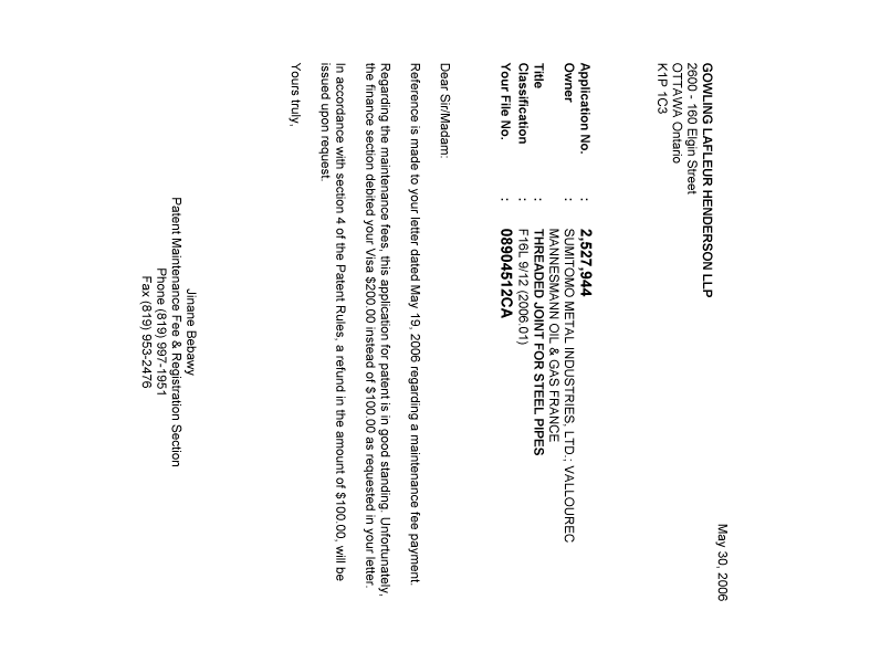 Canadian Patent Document 2527944. Correspondence 20060530. Image 1 of 1