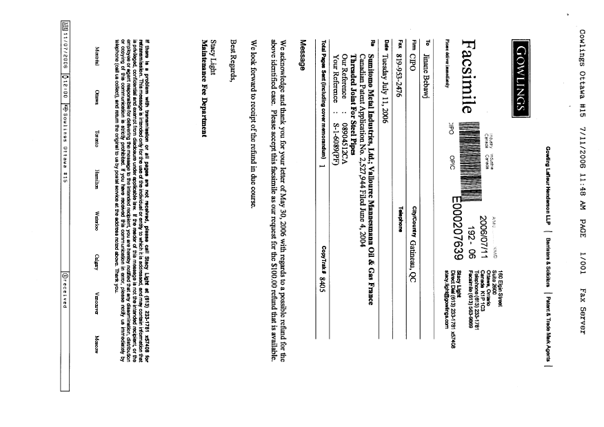 Canadian Patent Document 2527944. Correspondence 20060711. Image 1 of 1