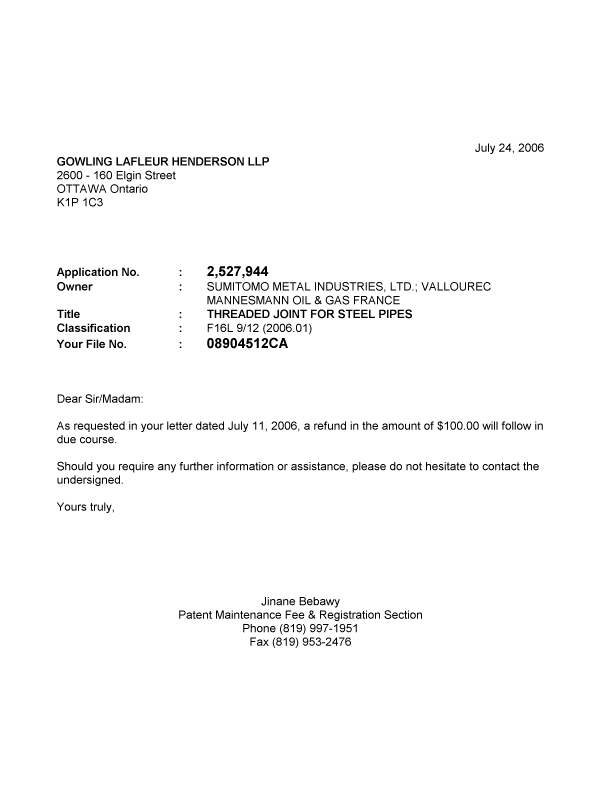 Document de brevet canadien 2527944. Correspondance 20060724. Image 1 de 1
