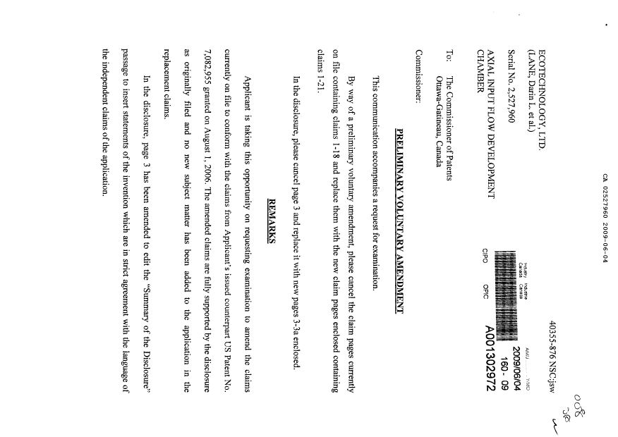 Canadian Patent Document 2527960. Prosecution-Amendment 20090604. Image 1 of 7