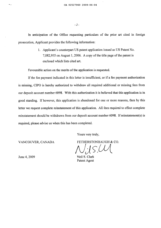 Canadian Patent Document 2527960. Prosecution-Amendment 20090604. Image 2 of 7