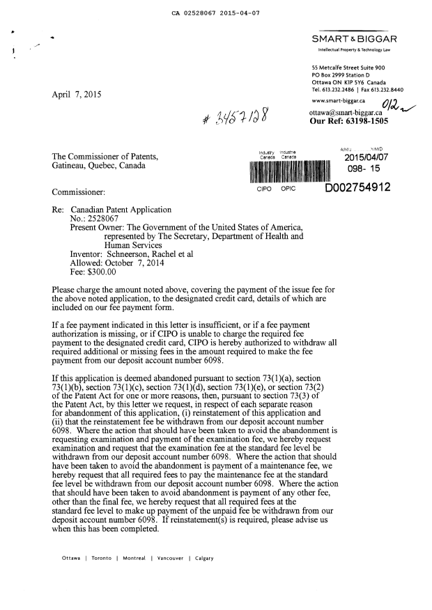 Document de brevet canadien 2528067. Correspondance 20150407. Image 1 de 2