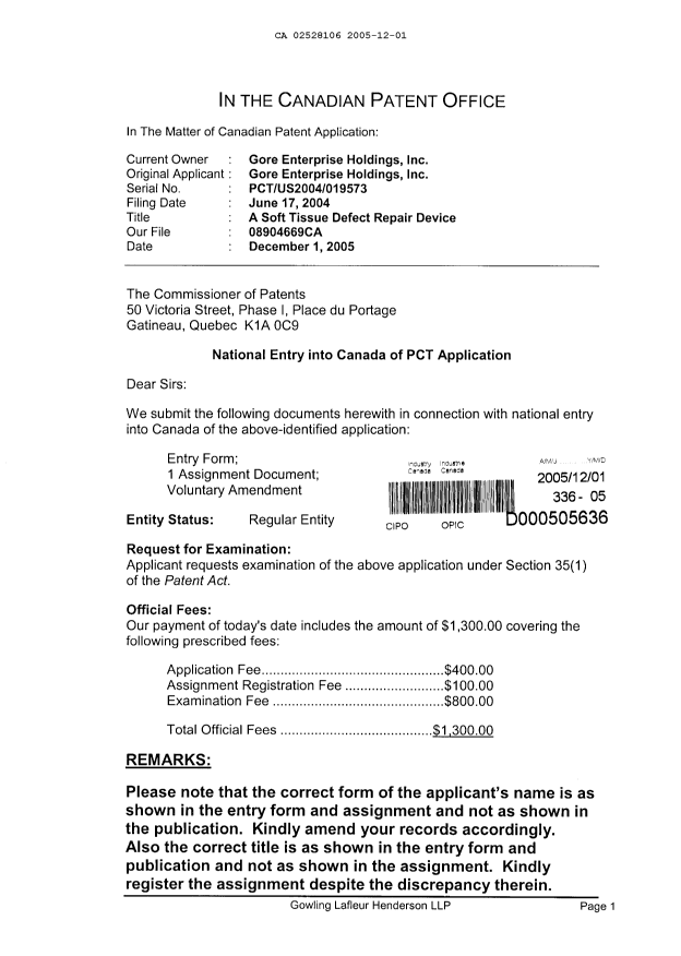 Canadian Patent Document 2528106. Assignment 20051201. Image 1 of 8