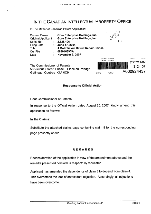 Canadian Patent Document 2528106. Prosecution-Amendment 20061207. Image 1 of 3