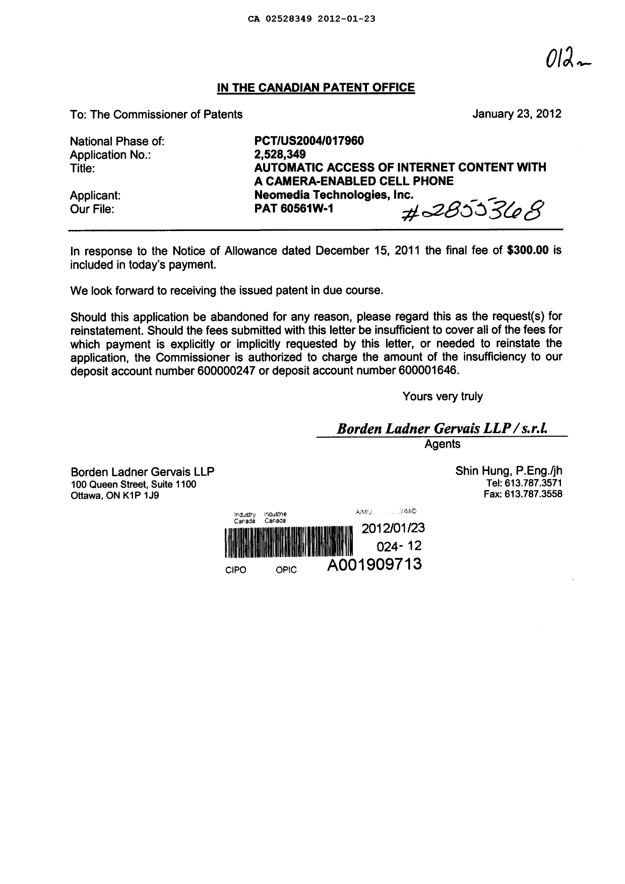 Canadian Patent Document 2528349. Correspondence 20120123. Image 1 of 1