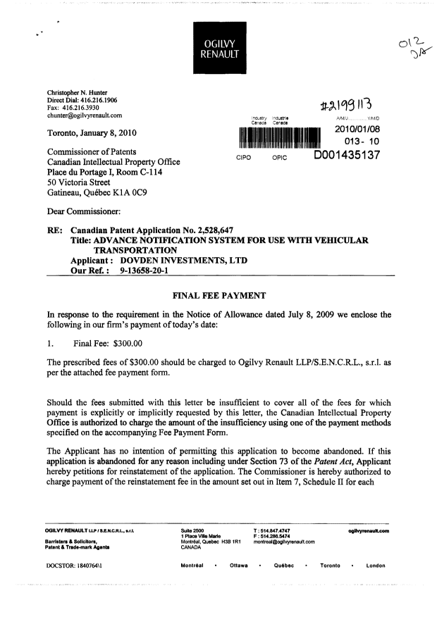 Canadian Patent Document 2528647. Correspondence 20091208. Image 1 of 2
