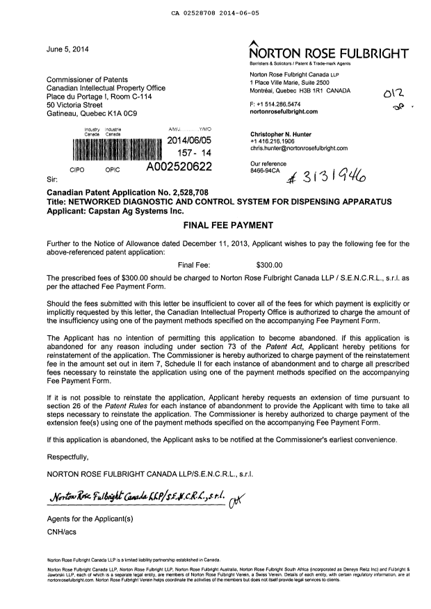 Document de brevet canadien 2528708. Correspondance 20140605. Image 1 de 1