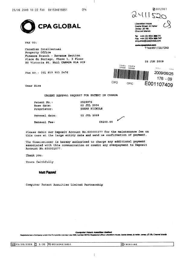 Canadian Patent Document 2528976. Fees 20081225. Image 1 of 1