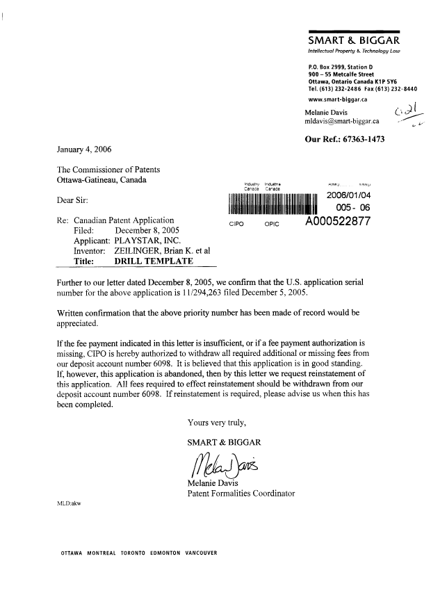 Canadian Patent Document 2529276. Correspondence 20060104. Image 1 of 1