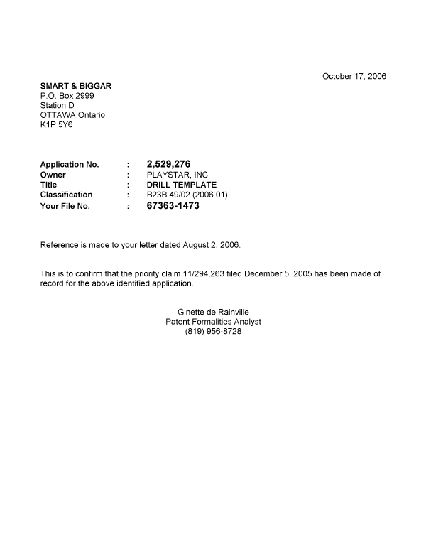 Canadian Patent Document 2529276. Correspondence 20061016. Image 1 of 1