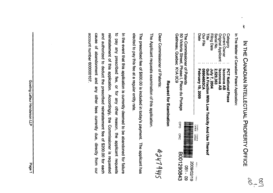 Canadian Patent Document 2529363. Prosecution-Amendment 20090219. Image 1 of 2