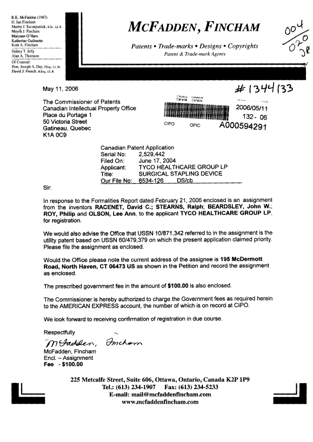 Canadian Patent Document 2529442. Correspondence 20051211. Image 1 of 1