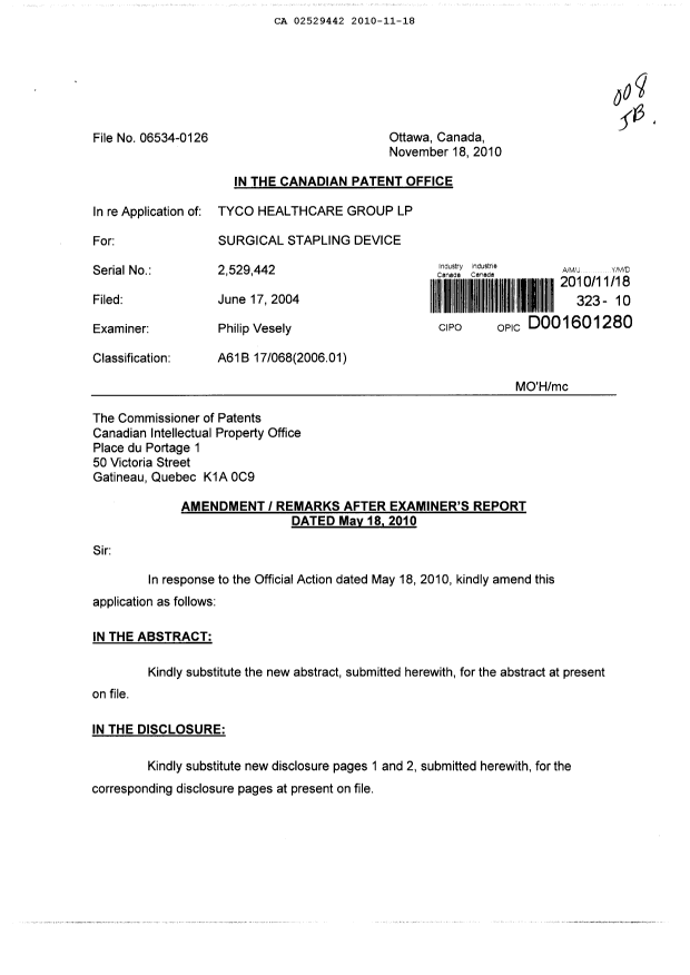 Canadian Patent Document 2529442. Prosecution-Amendment 20091218. Image 1 of 11