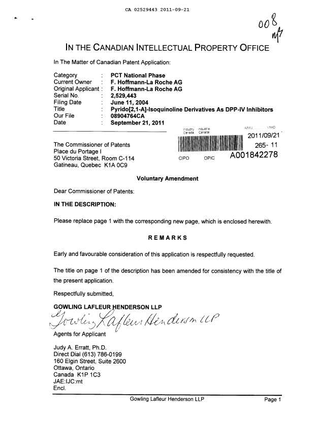 Document de brevet canadien 2529443. Poursuite-Amendment 20110921. Image 1 de 2