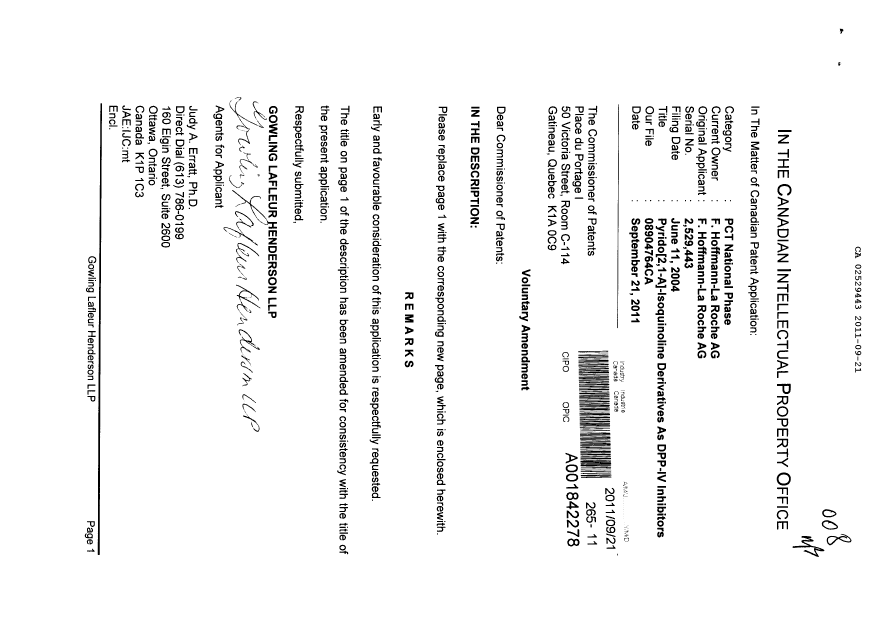 Canadian Patent Document 2529443. Prosecution-Amendment 20110921. Image 1 of 2