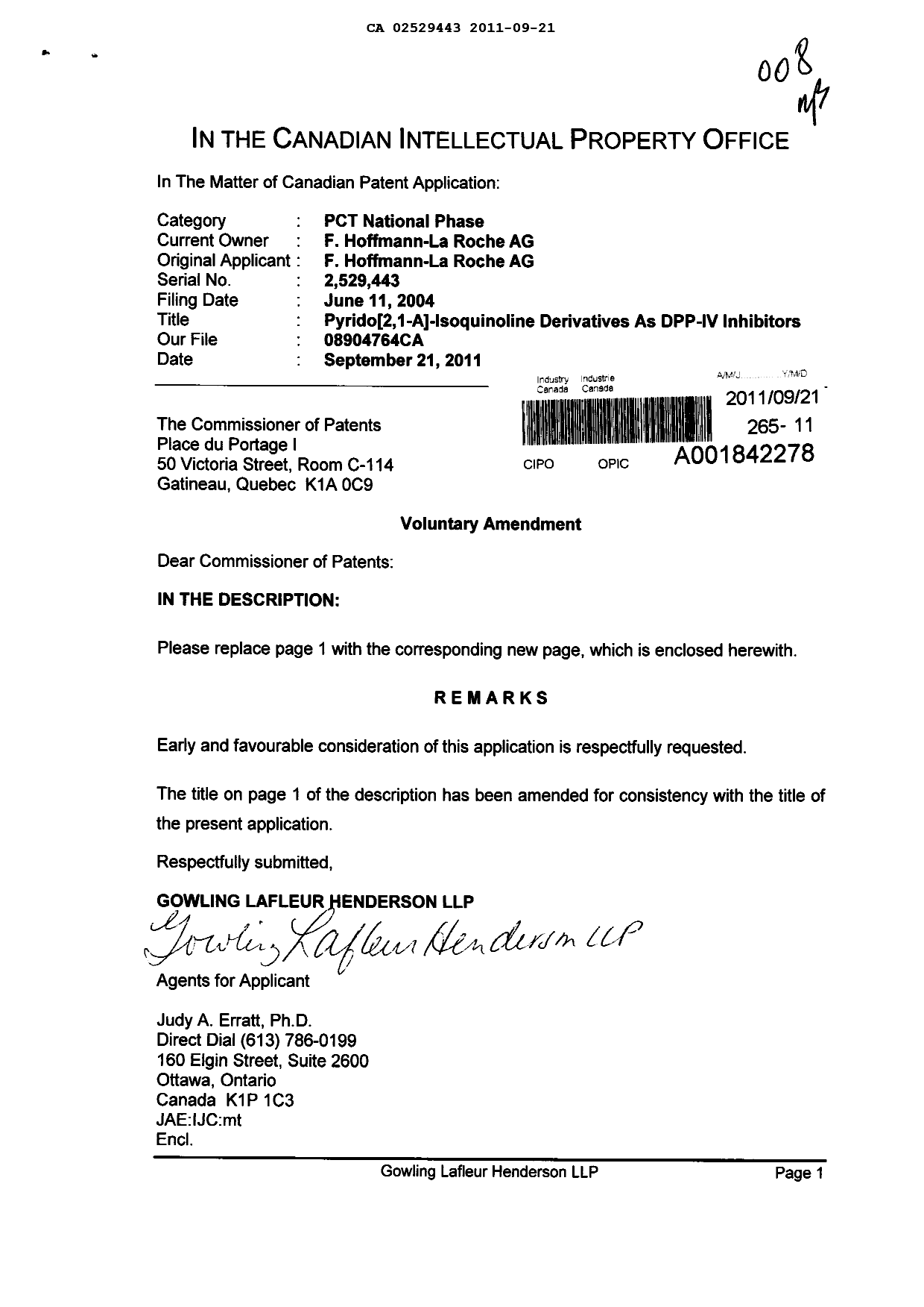 Canadian Patent Document 2529443. Prosecution-Amendment 20110921. Image 1 of 2