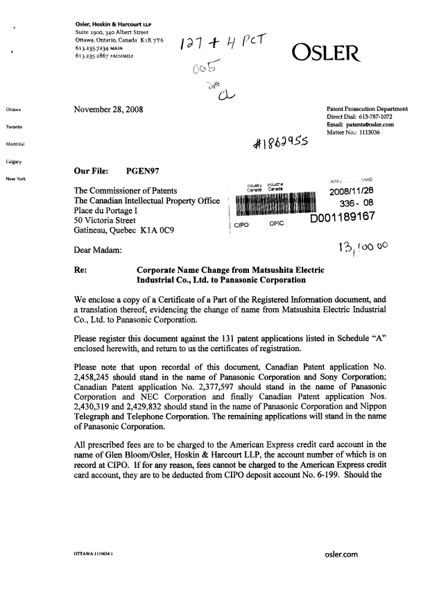 Document de brevet canadien 2529851. Cession 20081128. Image 1 de 5