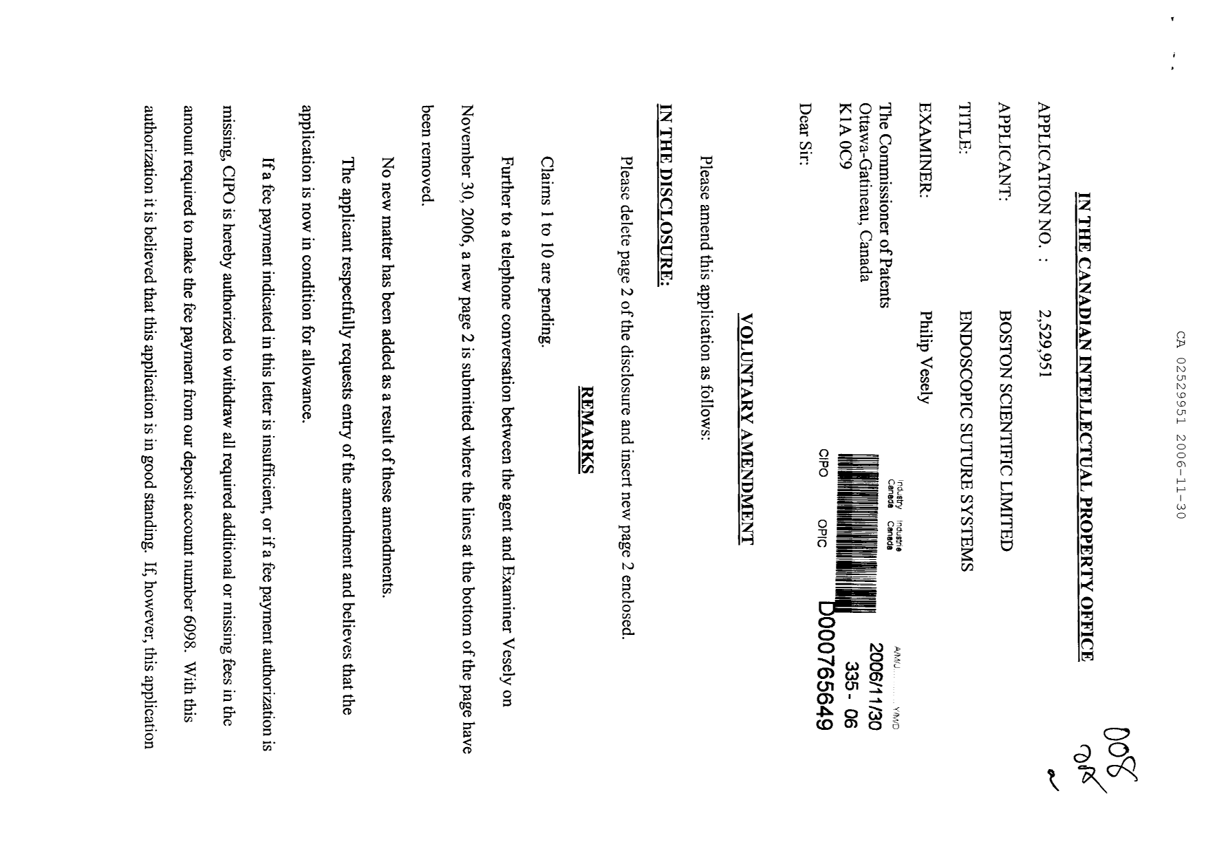 Canadian Patent Document 2529951. Prosecution-Amendment 20061130. Image 1 of 3