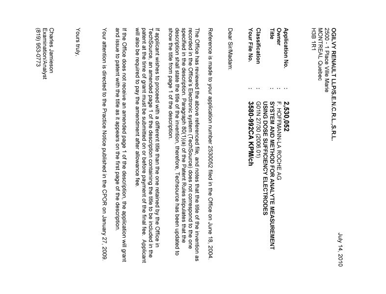 Canadian Patent Document 2530052. Correspondence 20100714. Image 1 of 1