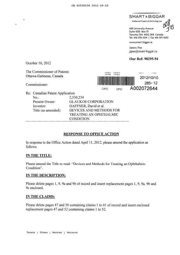 Canadian Patent Document 2530234. Prosecution-Amendment 20111210. Image 1 of 29