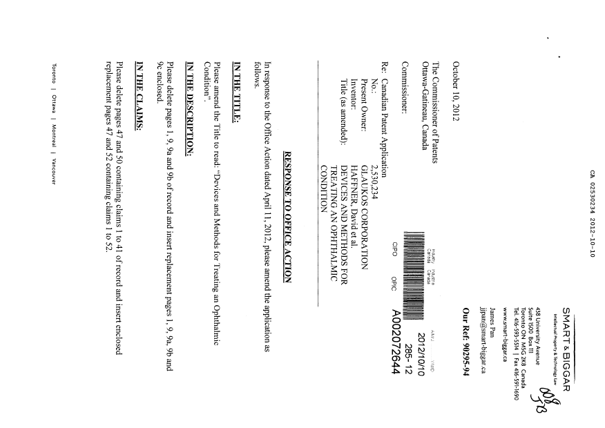 Document de brevet canadien 2530234. Poursuite-Amendment 20111210. Image 1 de 29