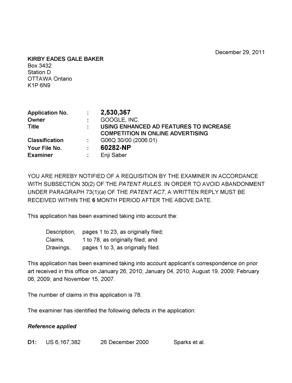 Canadian Patent Document 2530367. Prosecution-Amendment 20111229. Image 1 of 6