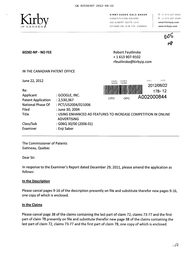 Canadian Patent Document 2530367. Prosecution-Amendment 20120622. Image 1 of 13