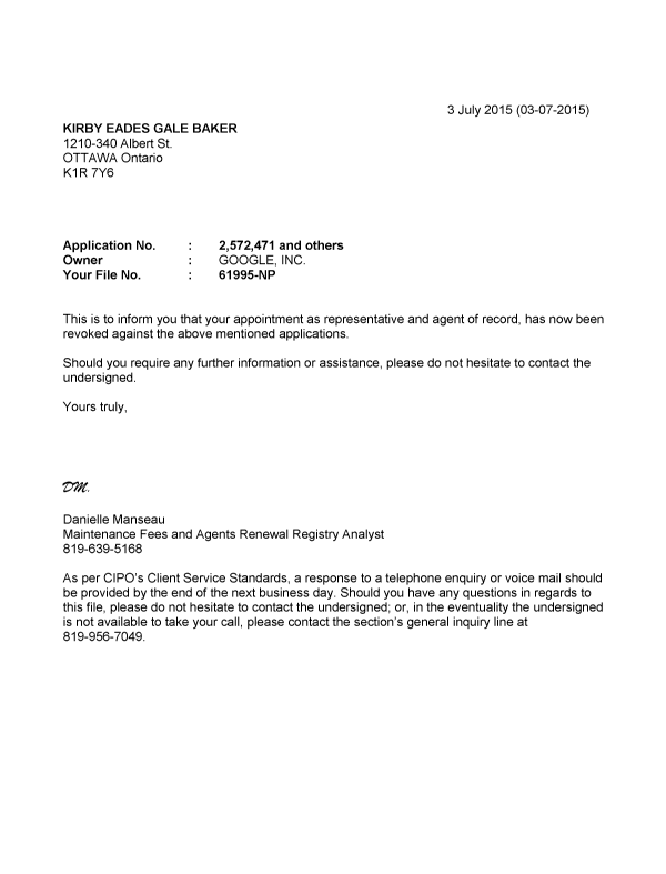 Document de brevet canadien 2530367. Correspondance 20150703. Image 1 de 2