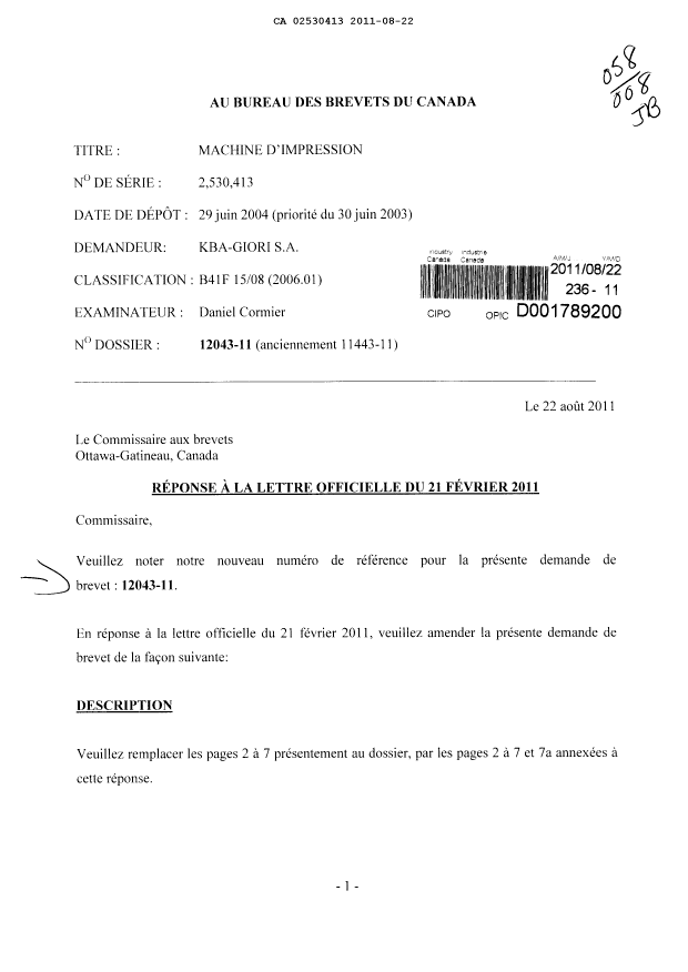 Document de brevet canadien 2530413. Correspondance 20110822. Image 1 de 4