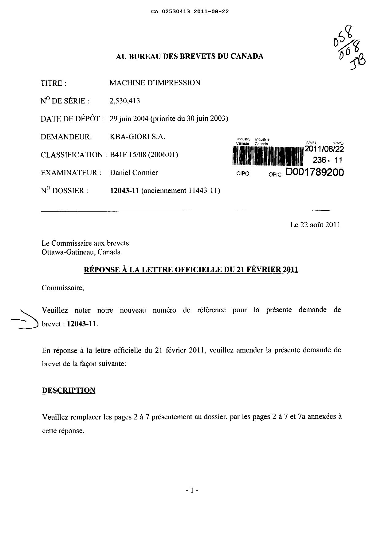 Canadian Patent Document 2530413. Correspondence 20110822. Image 1 of 4
