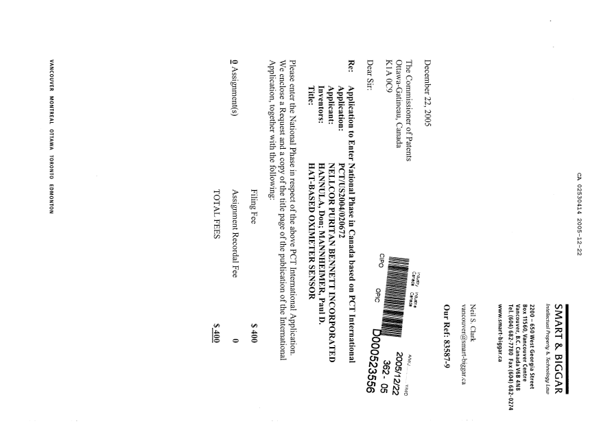 Document de brevet canadien 2530414. Cession 20051222. Image 1 de 4