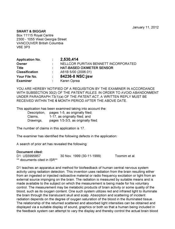Canadian Patent Document 2530414. Prosecution-Amendment 20120111. Image 1 of 2