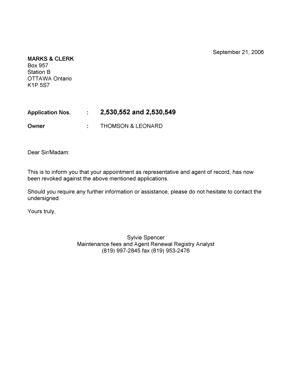 Document de brevet canadien 2530552. Correspondance 20060921. Image 1 de 1