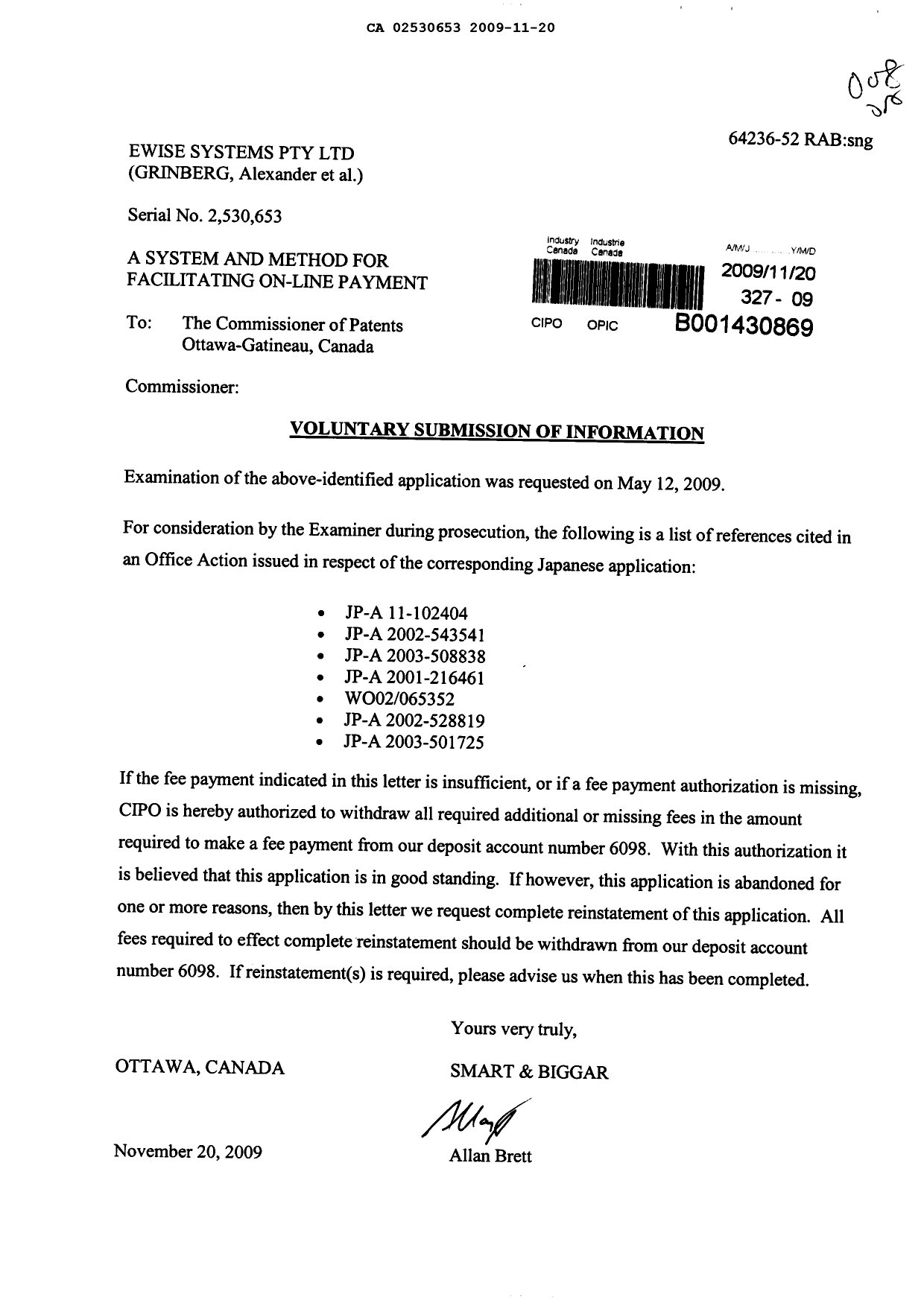 Canadian Patent Document 2530653. Prosecution-Amendment 20081220. Image 1 of 1