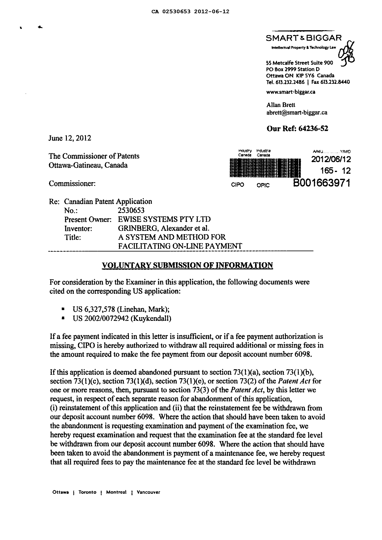 Canadian Patent Document 2530653. Prosecution-Amendment 20111212. Image 1 of 2