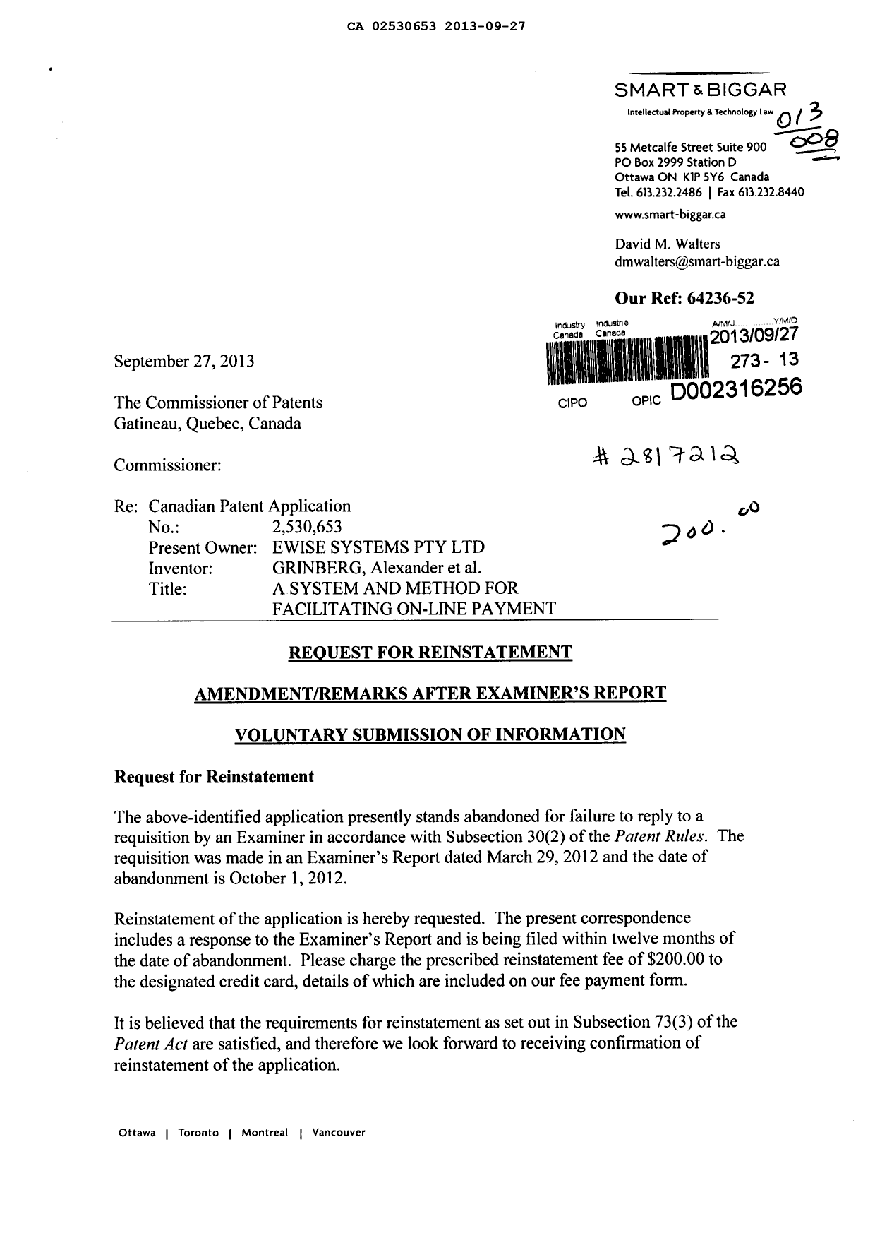 Canadian Patent Document 2530653. Prosecution-Amendment 20121227. Image 1 of 19