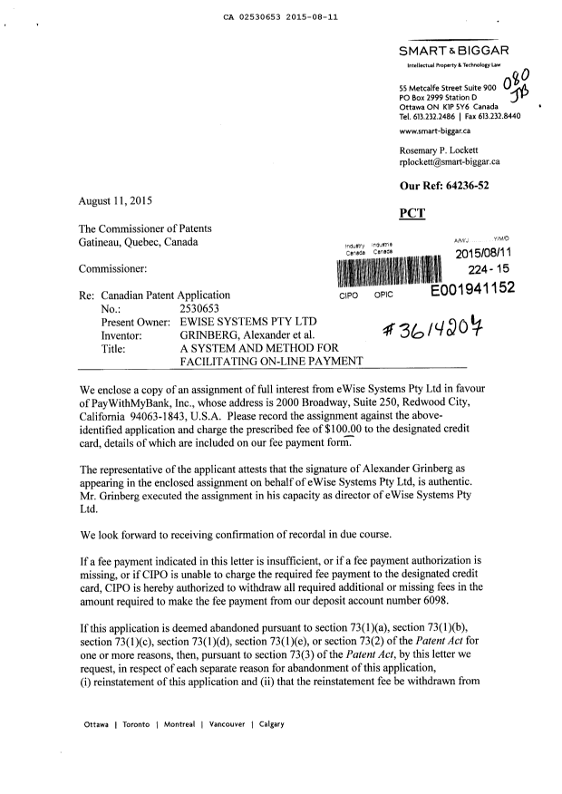 Document de brevet canadien 2530653. Cession 20141211. Image 1 de 8