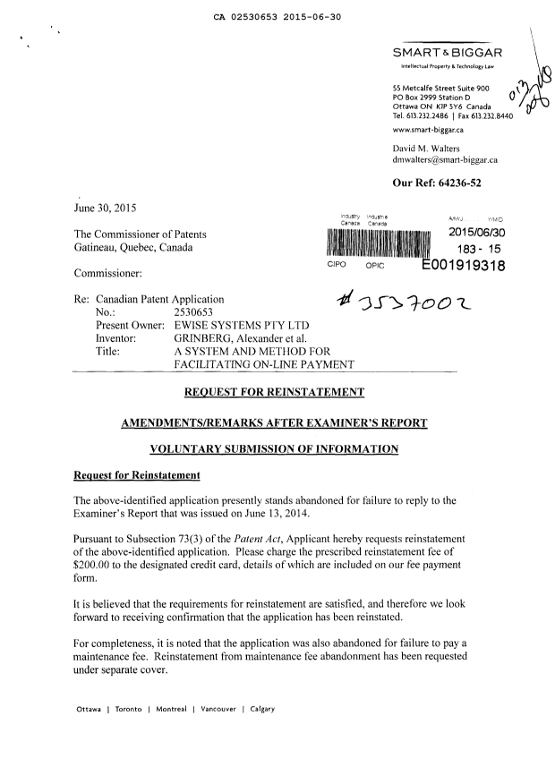 Document de brevet canadien 2530653. Poursuite-Amendment 20141230. Image 1 de 13
