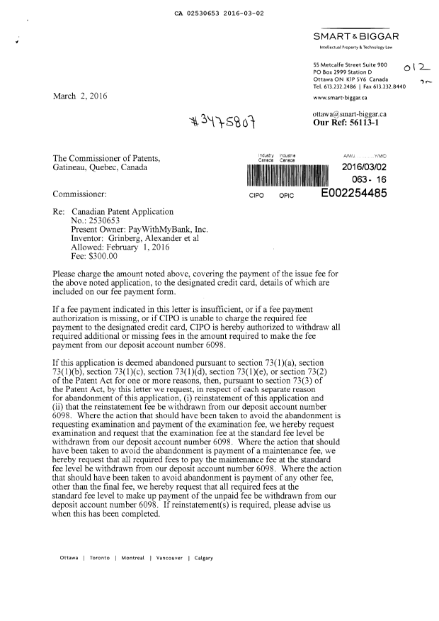 Document de brevet canadien 2530653. Correspondance 20151202. Image 1 de 2