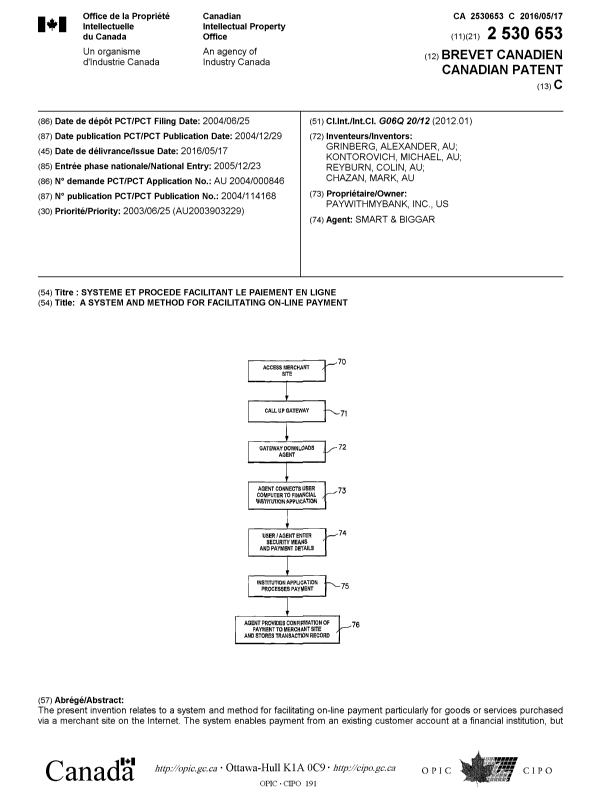 Document de brevet canadien 2530653. Page couverture 20151229. Image 1 de 2