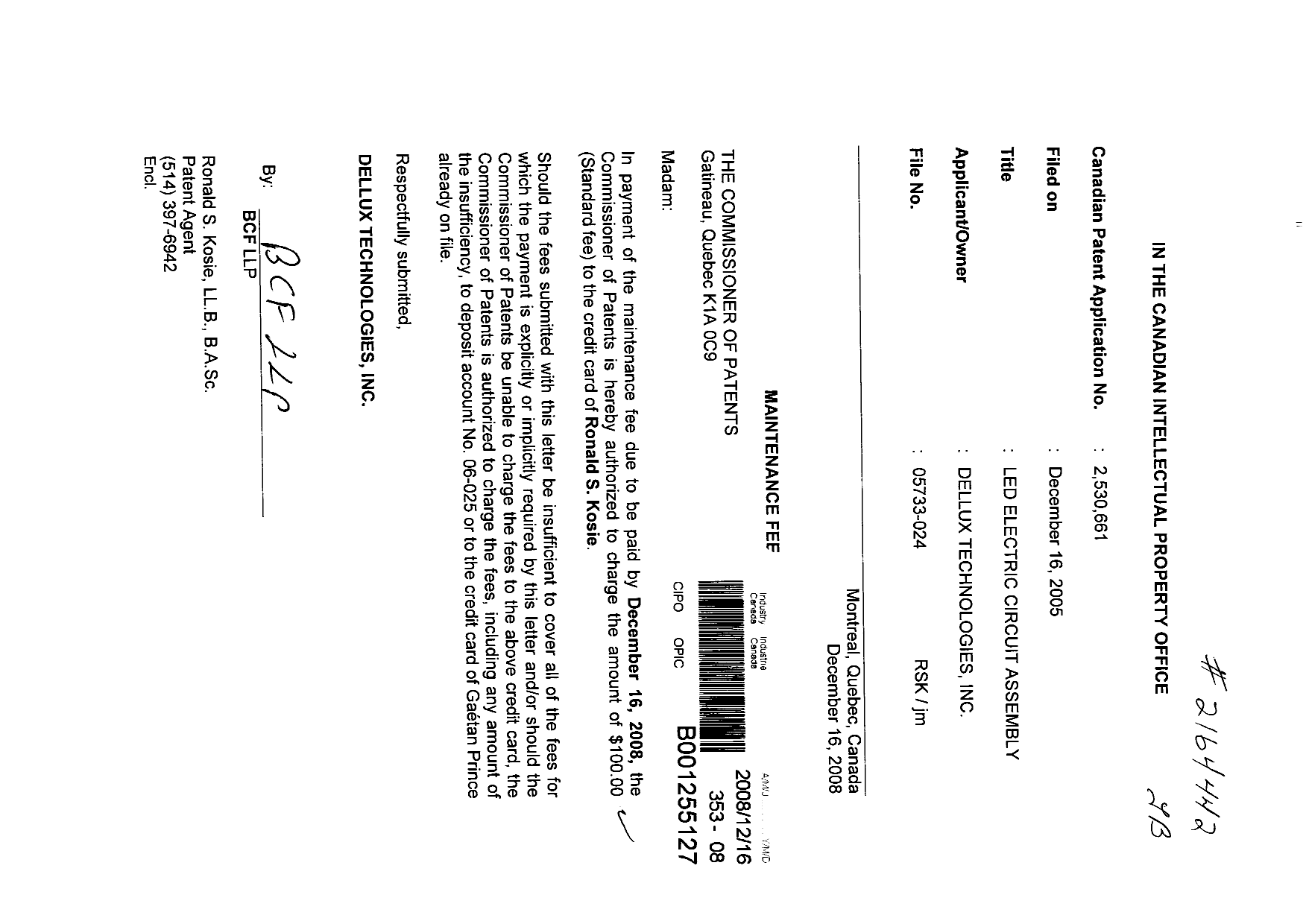 Document de brevet canadien 2530661. Taxes 20081216. Image 1 de 1