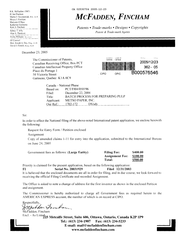 Document de brevet canadien 2530704. Cession 20051223. Image 1 de 3